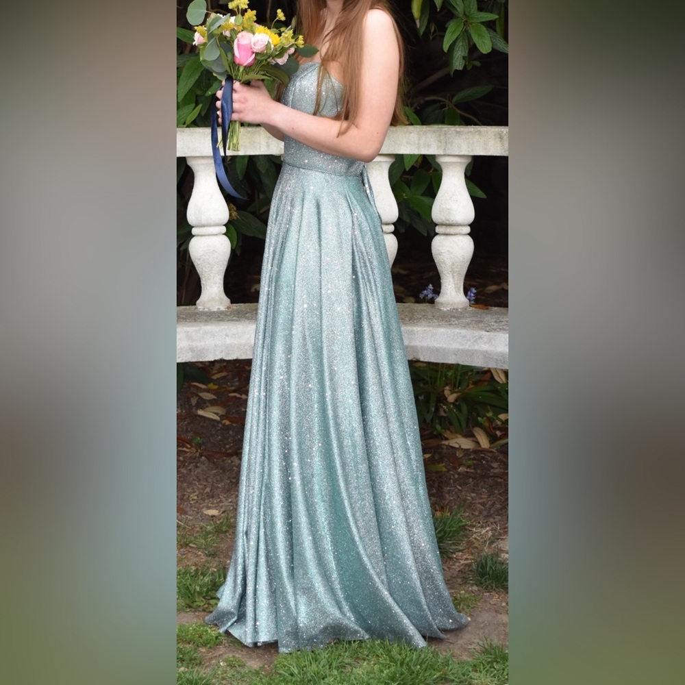 Teal glittery prom dress
